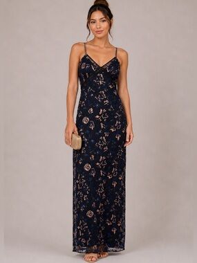 Self-Portrait US 4 Floral Romantic Embroidered Maxi Dress Navy